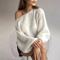 Women's Off-shoulder Solid Color Loose Knitted Pullover Sweater