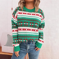 Cute Pattern Jacquard Contrast Color Round Neck Long Sleeve Casual Sweater