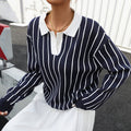 College Street Fashion Polo Collar Stripes Women's Sweater