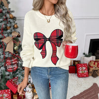 Women's Bow Plaid Embroidered Round Neck Sweater