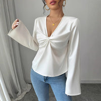 Women's Elegant Solid Color V-neck Ruffled Front Flared Sleeve Shirt