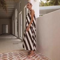 Summer Striped Print Off Shoulder Lace Up Loose Holiday Maxi Dress