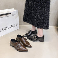 Women's Patent Leather Pointed Toe Block Heel Deep Vamp Pumps, Rhinestone Square Buckle Fashion Shoes, Versatile Commuter Elegant High Heels