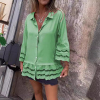 Lapel Long Sleeve Lace Ruffles Lotus Leaf Loose Shirt