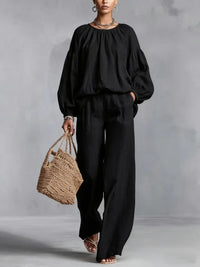 Women's Cotton-Linen Lantern-Sleeve Wide-Leg Pants Set