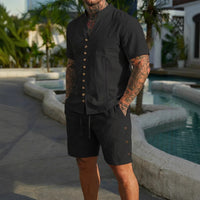 Stand-collar Solid-color Short-sleeve Shirt Set