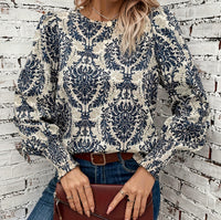Printed Lantern Sleeve Round Neck Tied Shirt Top