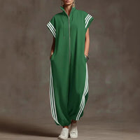 Striped Contrast-Color Jumpsuit With A Zippered Stand Collar