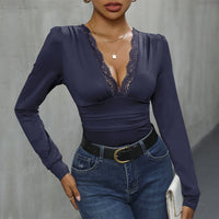 Elegant V Neck Jumpsuit With Lace Trimmed Sleeves For Women