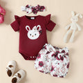 Rabbit Embroidered Flounced Sleeve Romper Top Rabbit Printed Shorts Headscarf
