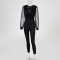 Zipper Solid Color V-neck Lace Long-sleeved Slim Black Wine Red Slimming Jumpsuit Women In Stock