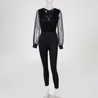 Zipper Solid Color V-neck Lace Long-sleeved Slim Black Wine Red Slimming Jumpsuit Women In Stock