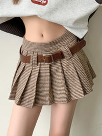 Retro College Houndstooth Pleated Skirt A- Line High Waist