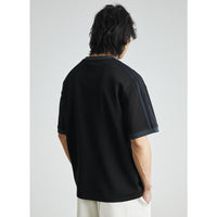 Japanese Style Alphabet Embroidered Striped Color Matching Short Sleeve