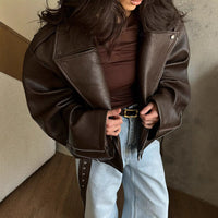 Lady Temperament Short Lace Up Leather Coat