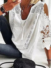 Women's U-Neck Embroidered Cotton Hollow-Out Tassel Top T-Shirt