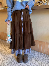 Niche Patchwork Fake Two-piece Plaid Cake Maxi Dress