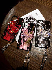 Luxury PINK Rhinestone Butterfly Glitter Lanyard Phone Case