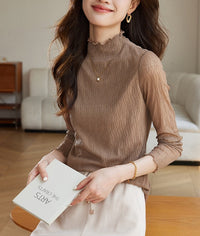 Textured Lace Base Layer Top Fashionable Fringed Mock Turtleneck Trendy Long-sleeve T-shirt For Layering