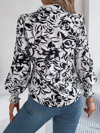 Women's Elegant Color-Blocked Floral Lantern Sleeve Lapel Shirt