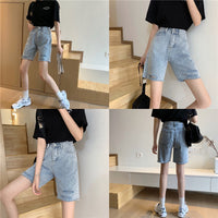 High-waisted slim-hole ruffled five point jeans