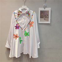 Beaded Lapel Women's Long Sleeve Loose Autumn Winter Shirt