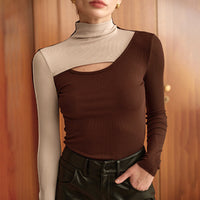 Womens Color-Block Mock Neck Hollow-Out Chic Defined-Waist Base Top