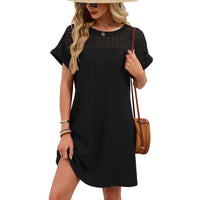 Solid-color Crewneck Lace-panel Loose-fit Short-sleeve Dress