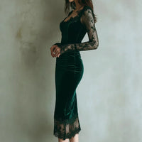 Womens French-style Chic Velvet And Lace Panelled Waist-Cinching Dress