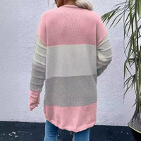 Amazon AliExpress Sweater Women's 2024 Fashion Jacket With Big Pockets Autumn And Winter Long Striped Color Matching Cardigan