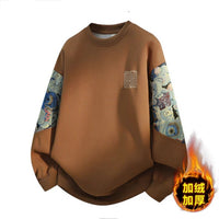 Ethnic-style Vintage Crewneck Fleece-lined Long-sleeve Top