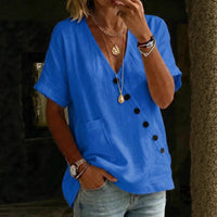 V-neck Solid-color Casual Cotton-linen Top With Buttons For Women