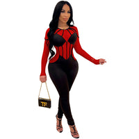 Women's Mesh Colorblock See-through Long Sleeve Jumpsuit