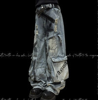 Multi-Pocket Graffiti Splatter Streetwear Ripped Wide-Leg Denim Jeans