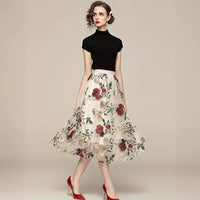 Women's Vintage High-waisted Embroidered Peony Midi Skirt