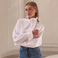 Fashionable Design-Driven Stand Collar Ruffle Hem Shirt