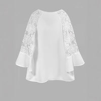 White Three-quarter-sleeve Lace-panelled Tie-front Round-neck Solid-color Garment
