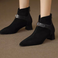 Pointed-toe Suede Belt-strap Mid-heel Ankle Boots