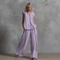 French Minimalist Black And White Vertical Stripe Loose Cotton-Linen Womens Set