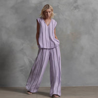 French Minimalist Black And White Vertical Stripe Loose Cotton-Linen Womens Set