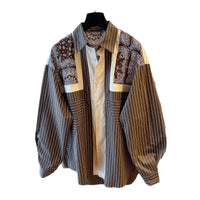 Loose-fit Casual Retro Ethnic-Style Printed Blue Striped Long-Sleeve Shirt For Women