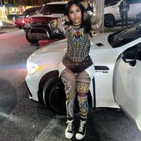 Net Yarn See-Through Digital Positioning Printing Jumpsuit