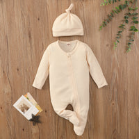 Boys And Girls Long Sleeve Solid Color Waffle Zipper Jumpsuit Foot-wrapped Romper