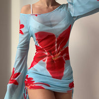 Mesh Long-sleeve Flared-sleeve Short Skirt