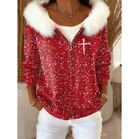 Stylish 3D Digital-Print Womens Cardigan With Faux Fur Hoodie