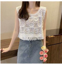 Women's Tassel Age-reducing Chiffon Patchwork Lace V-neck Shirt