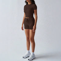 Yoga Active Wear Solid-Color Short-Sleeve Drawstring Shorts Set