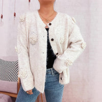 Three-dimensional Flower Cutout Knitted Coat Round Neck Cute Sweater
