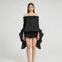 Elegant Off-the-shoulder Short Skirt With Fluttering Straps And A Tie-detail Design