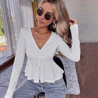 Women's V-neck Ruffled Peplum Waist-cinching Knit Long-sleeve Crop Top